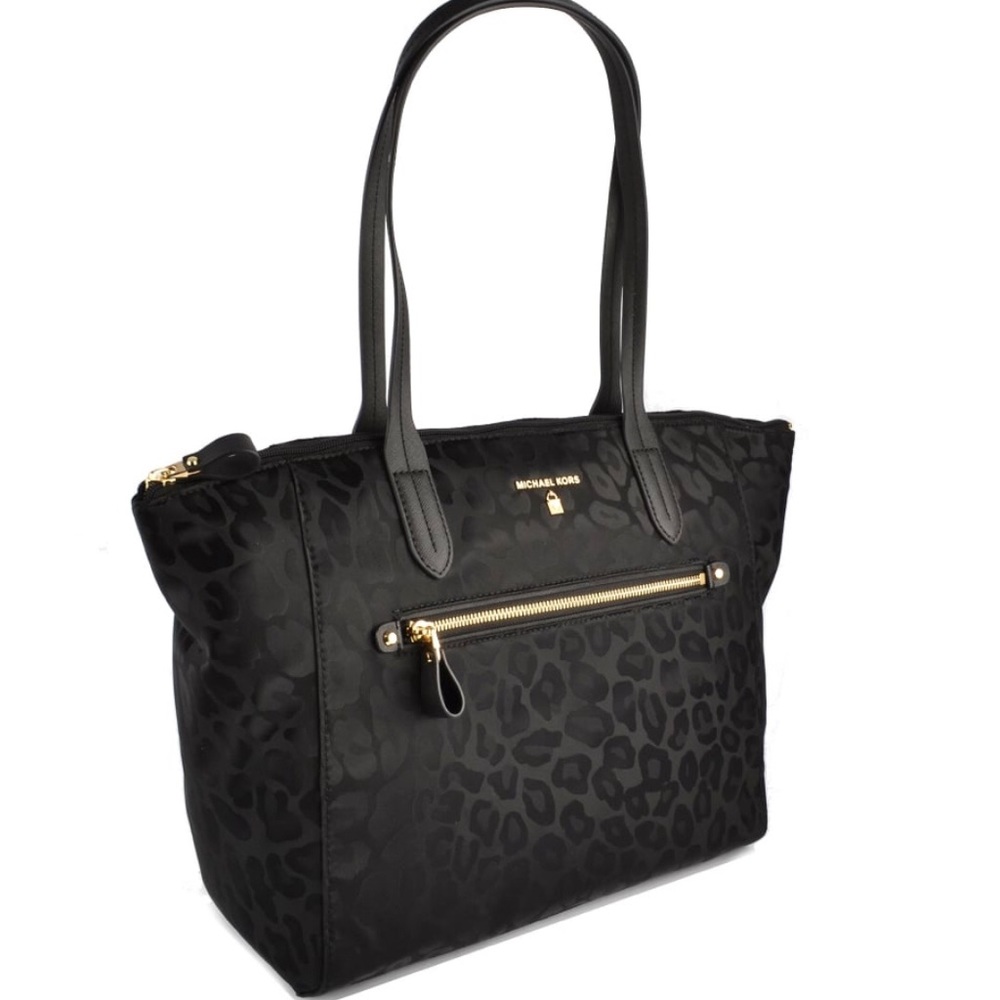 MK Kelsey Nylon Leopard Tote Black